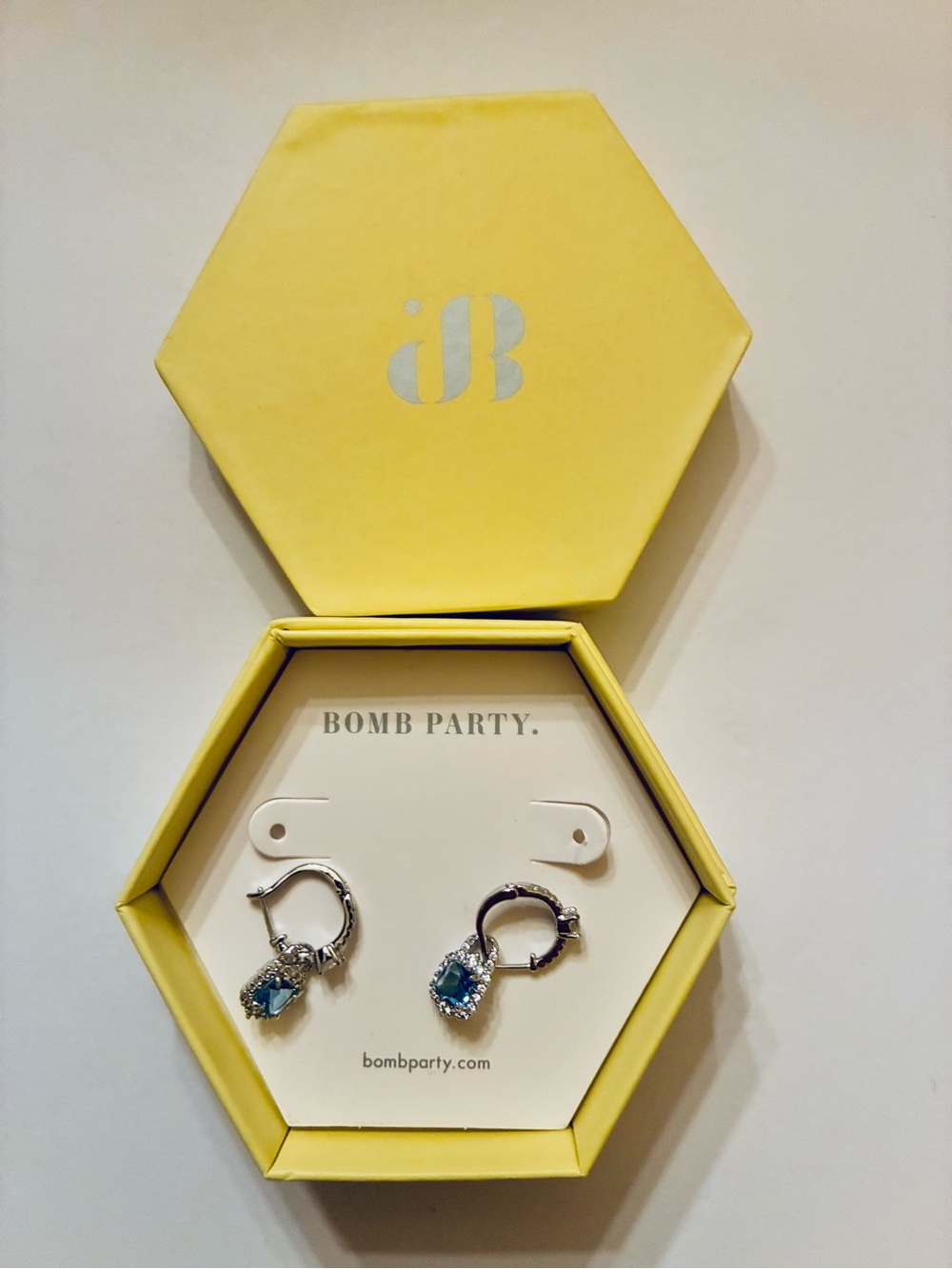 Bomb Party Silver Hoop Earrings with Blue lab Gemstones- Rhodium Plating